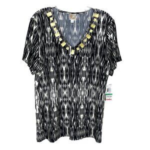 JM Collecion Womens L Short Sleeve Blouse NEW Top Beaded Slinky Tribal Spring